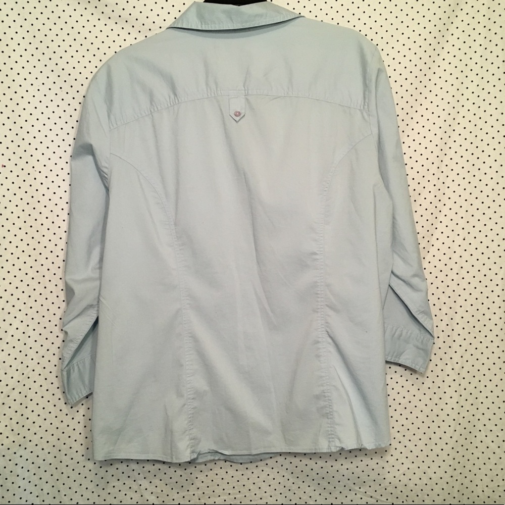 Blue Button Down 3/4 Sleeve Cotton Stretch Top - Picture 3 of 5